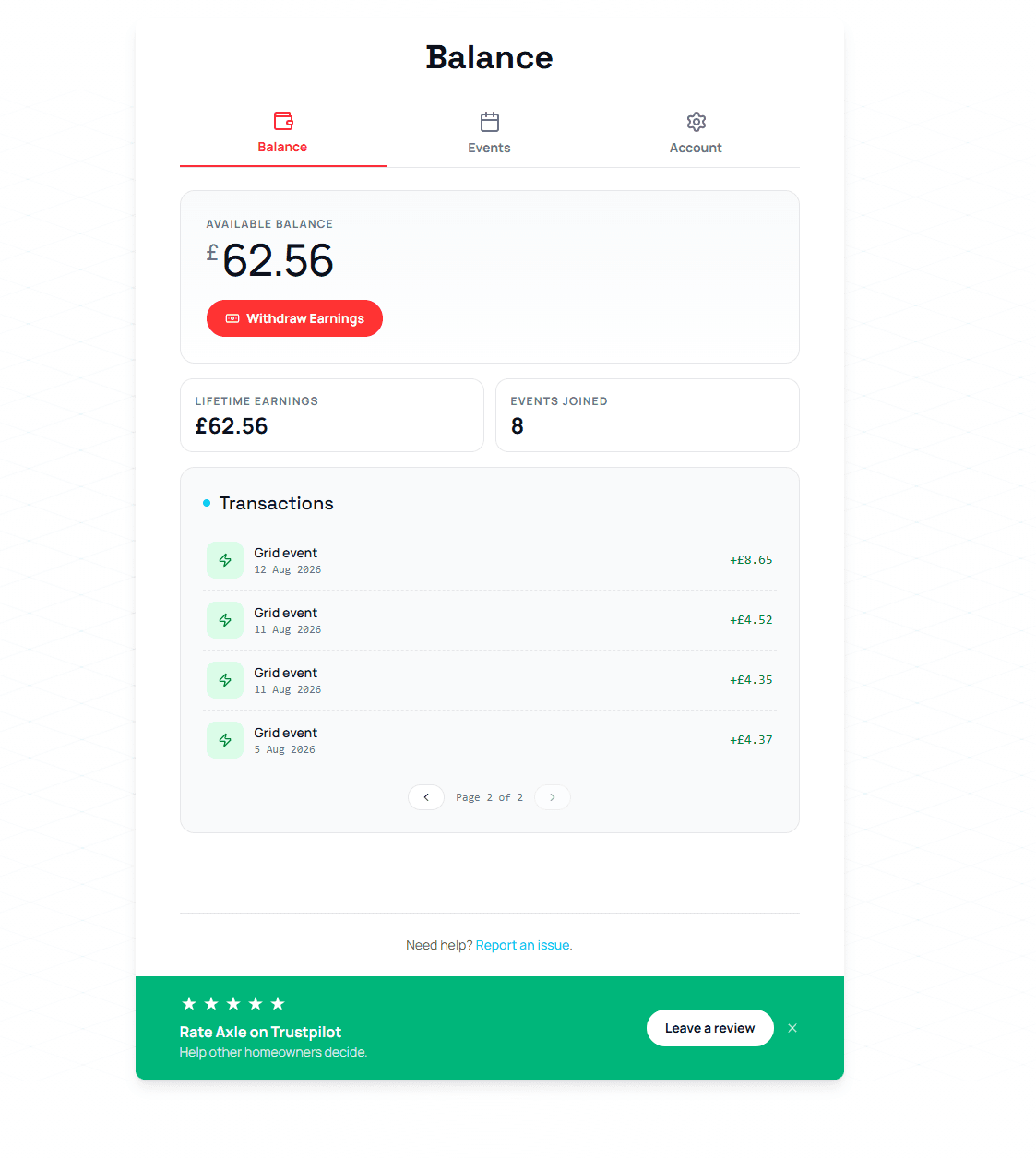 Axle app transactions page two, showing four August 2026 grid events paying £8.65, £4.52, £4.35 and £4.37.