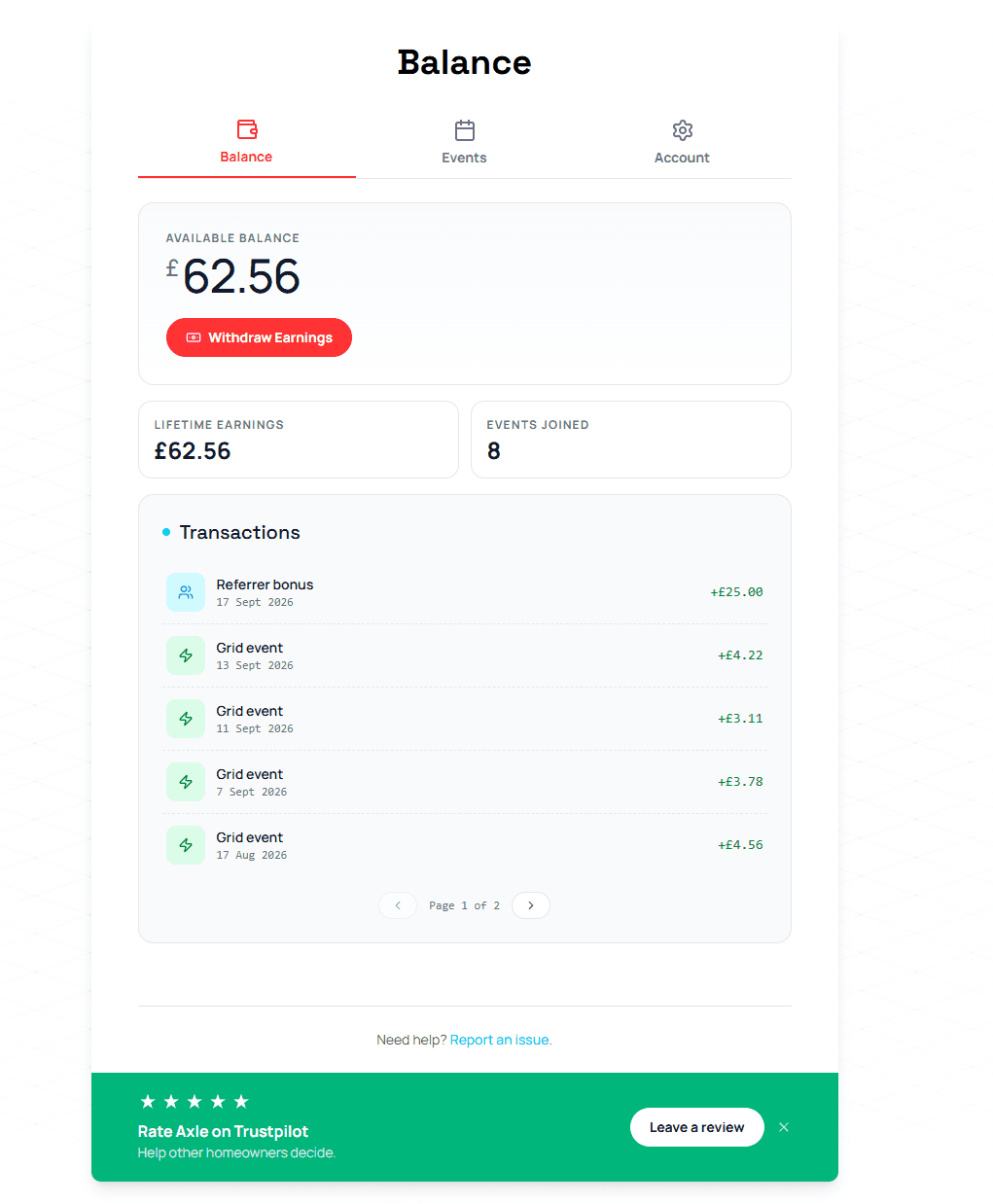 Axle app balance screen showing £62.56 available, £62.56 lifetime earnings, 8 events joined, and September transactions including a £25 referrer bonus.