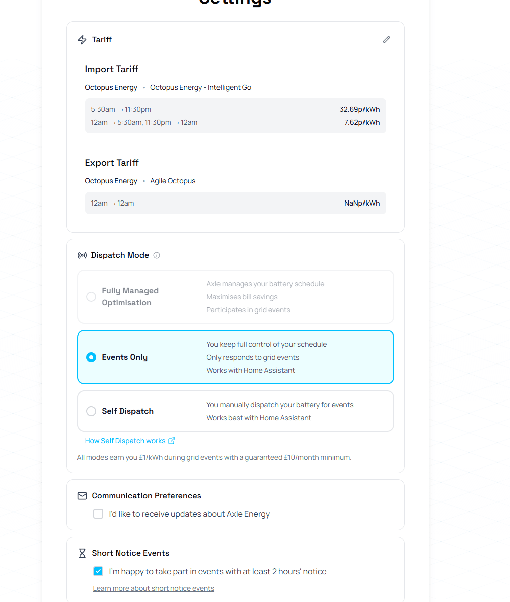 Axle settings screen showing Octopus Intelligent Go import at 32.69p and 7.62p, Agile Octopus export, and the three dispatch modes with Events Only selected.