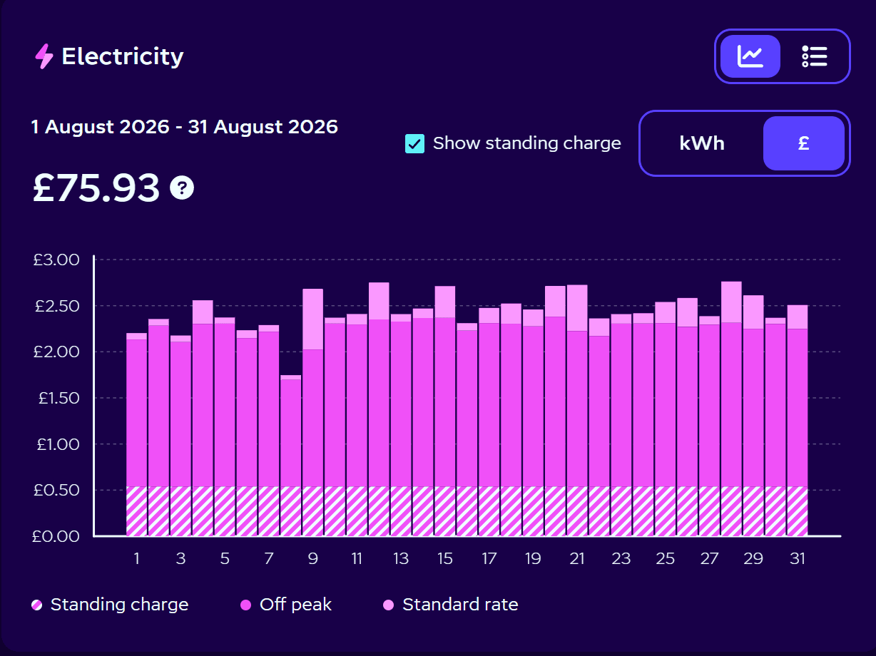 Supplier chart of daily electricity import costs for August 2026, totalling £75.93.
